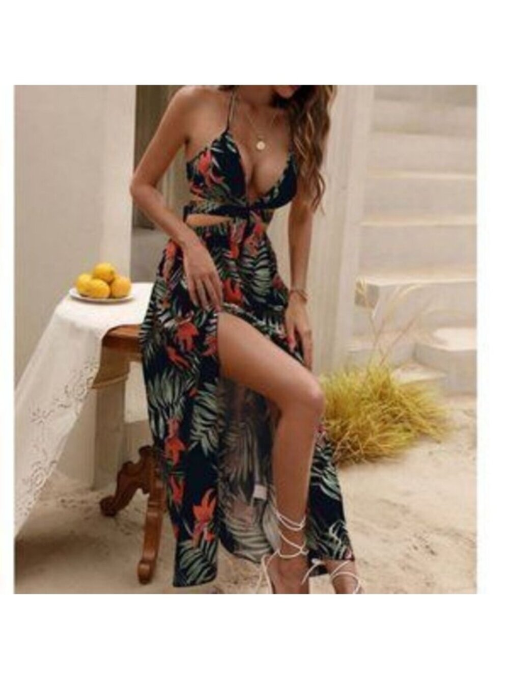 Tropical print thigh slit maxi dress